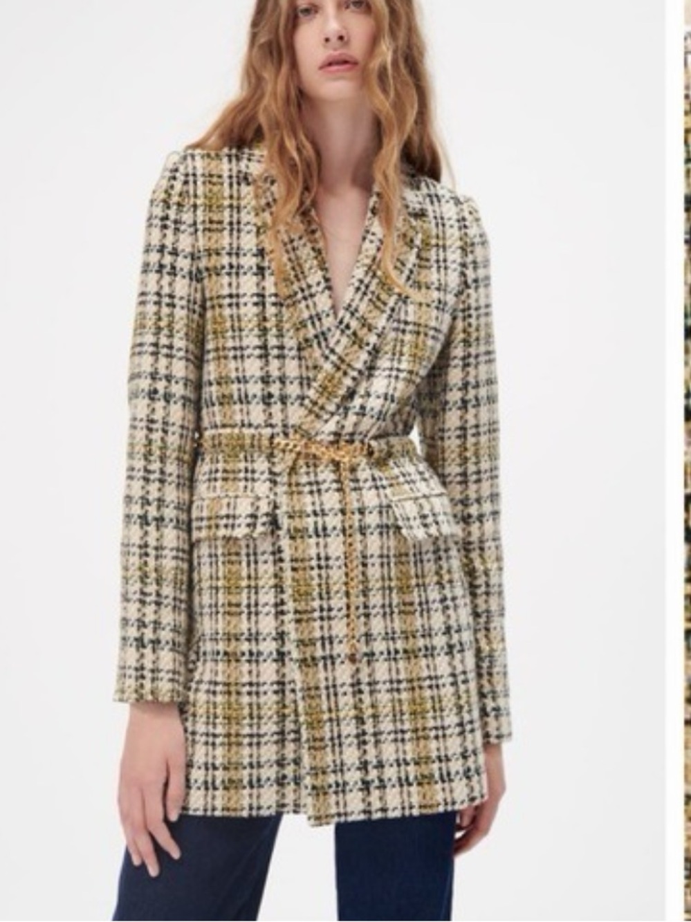 Zara Woman Tweed Plaid Longline Jacket Cream yellow open front S